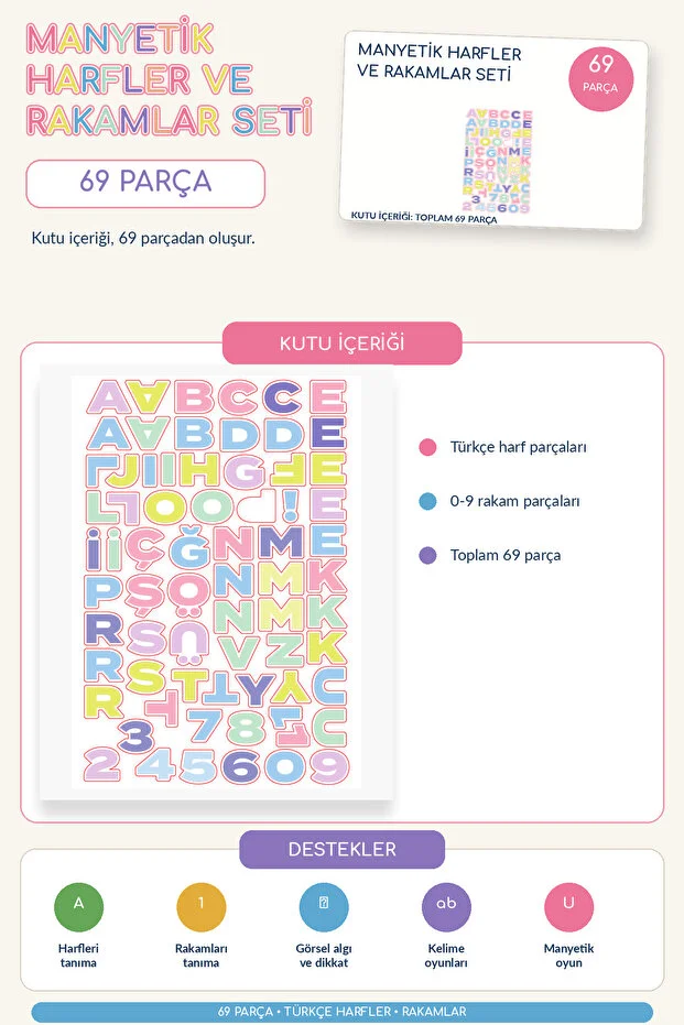  Manyetik Harfler ve Rakamlar Seti 69 Parça Eğitici Çocuk Oyuncağı
